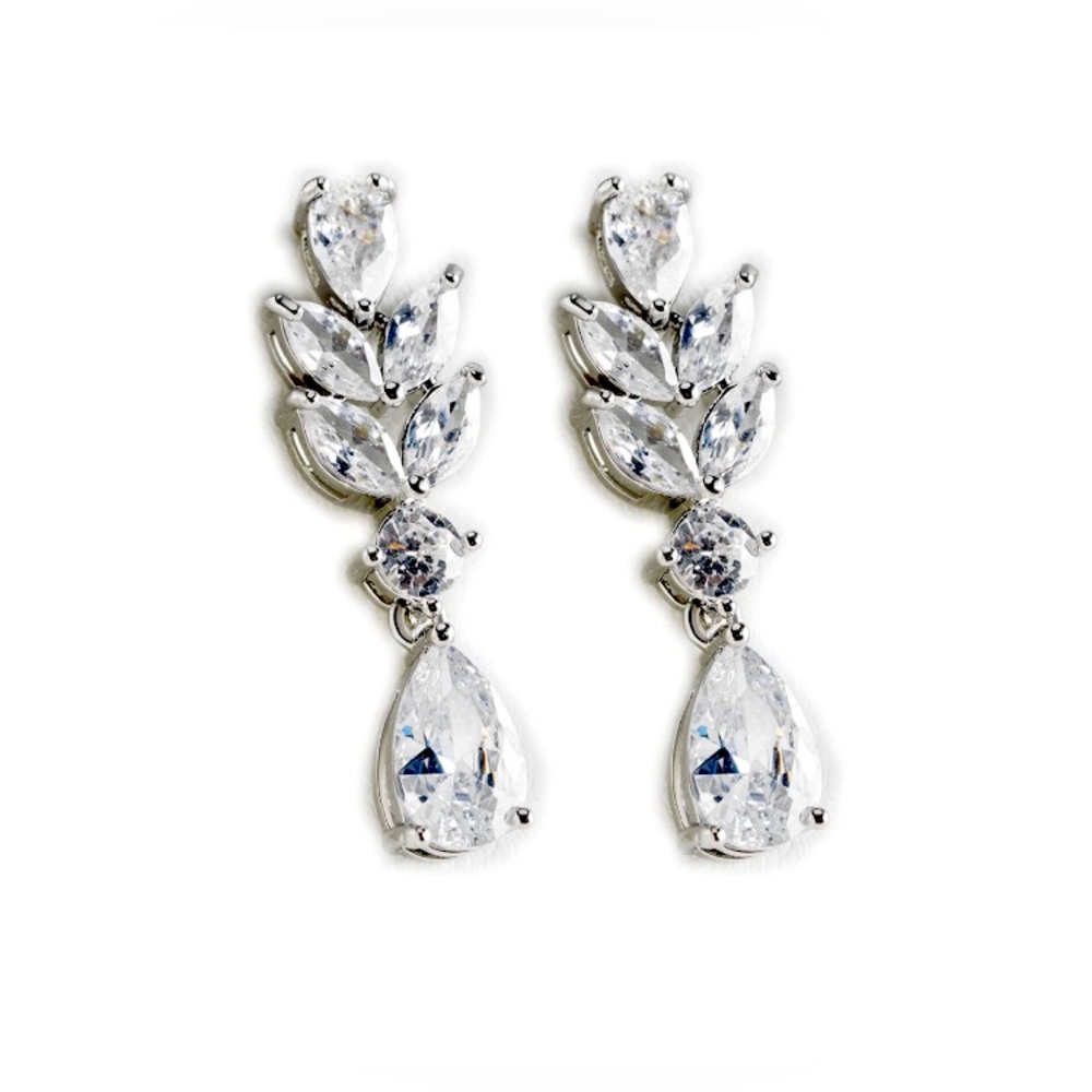 Silver Plated Jeweled Leaf Design Elegant Teardrop Earrings